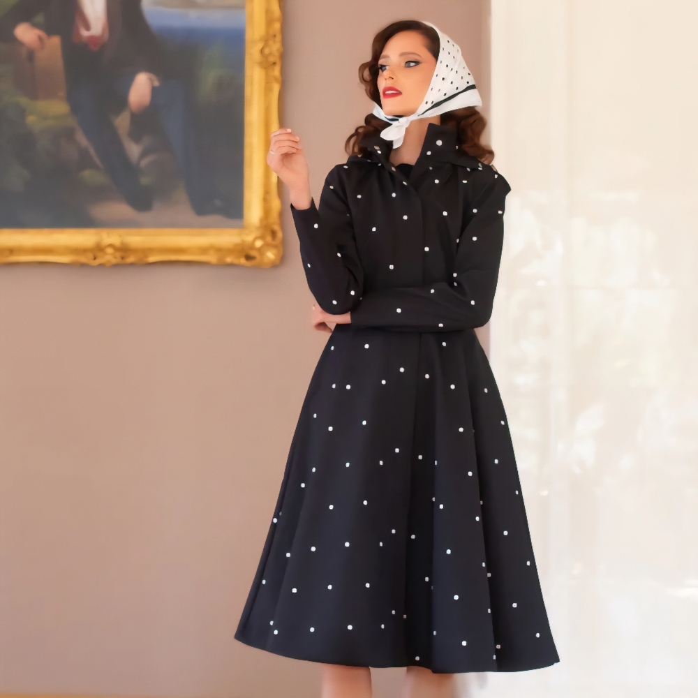 RainSisters Fit and Flare Coat with A-Line Skirt in Black | Timeless Polka Dots - Picture 2 of 6